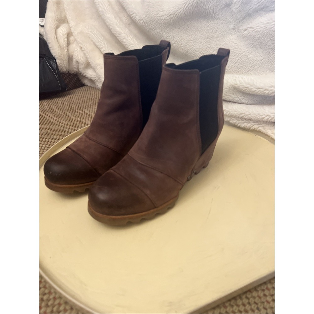 Sorel Lea Wedge Brown Waterproof Pull On Ankle Boots Women Sz 7.5 Joan Chelsea
